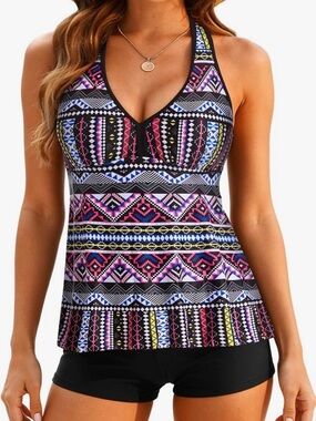 Tempt Me Geometric Print V-Neck Swim Tank Top - Pink & Black